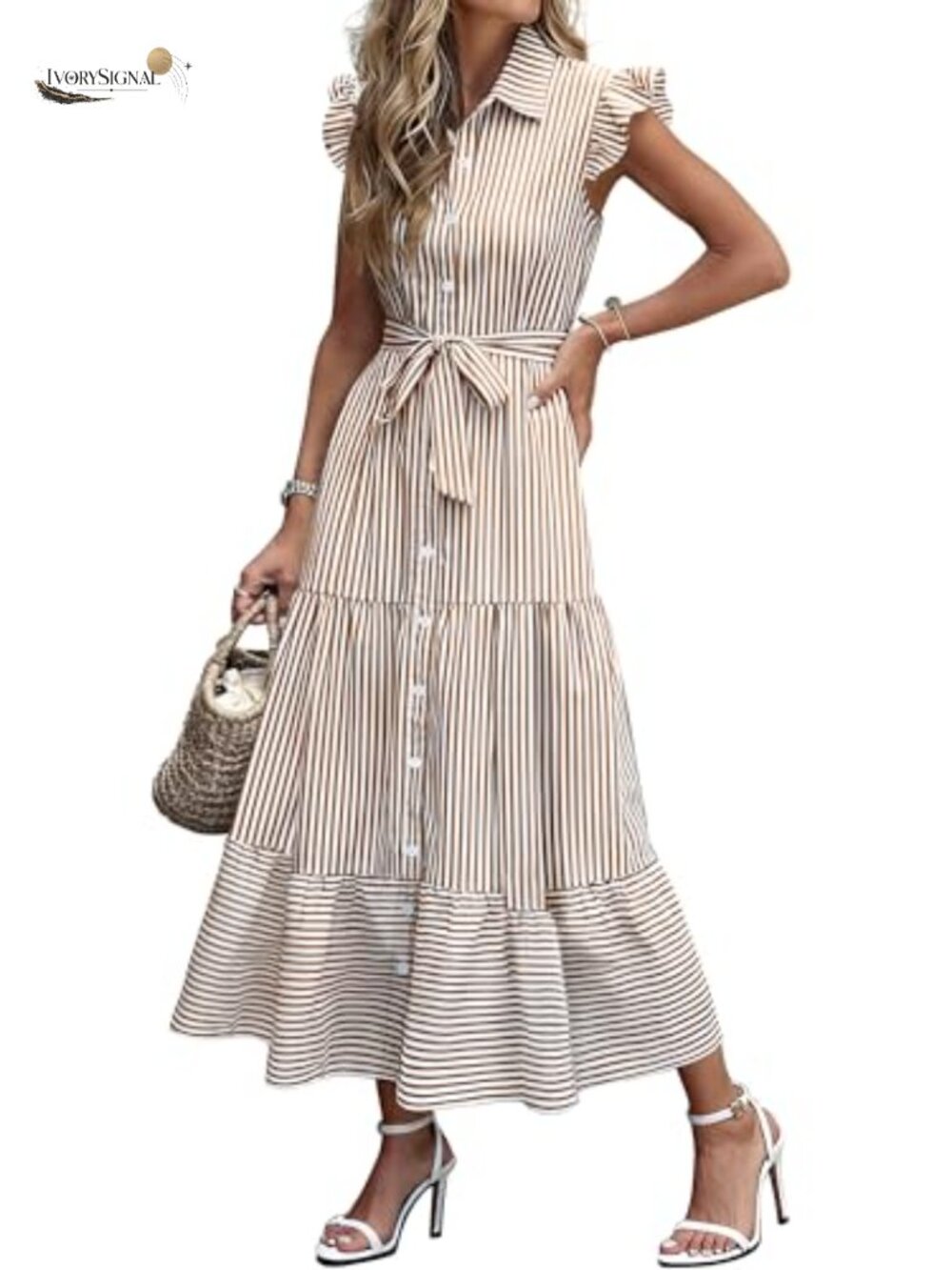 Ruffle Cap Sleeve Maxi Shirt Dress Button Down Tiered Tie Waist Pockets